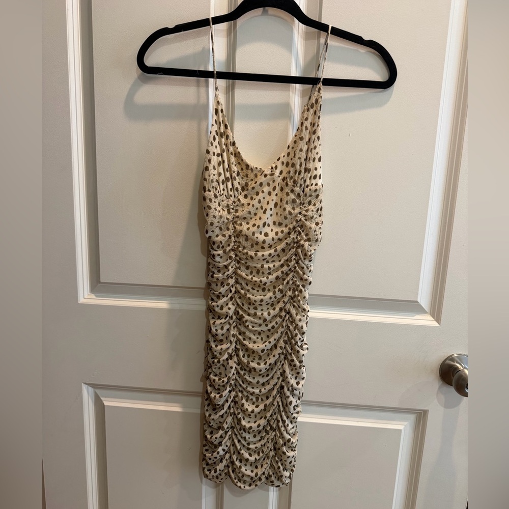 Ruched Spaghetti Strap Polka Dot Midi Dress - Cream/Tan